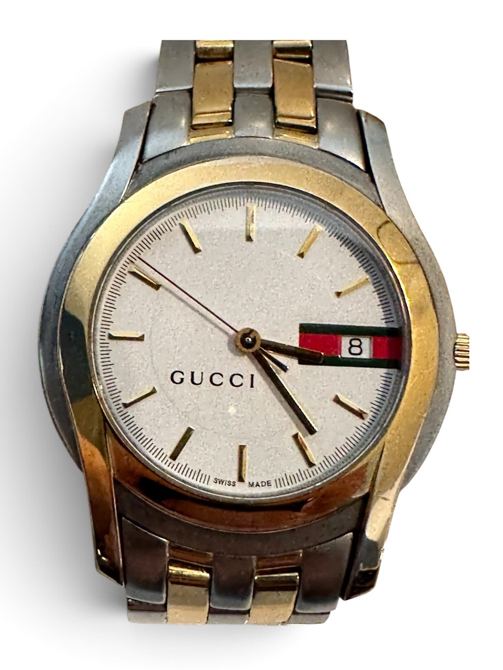 Vintage Gucci 5500M Two Tone Web Stripe Date Swiss Watch New Battery